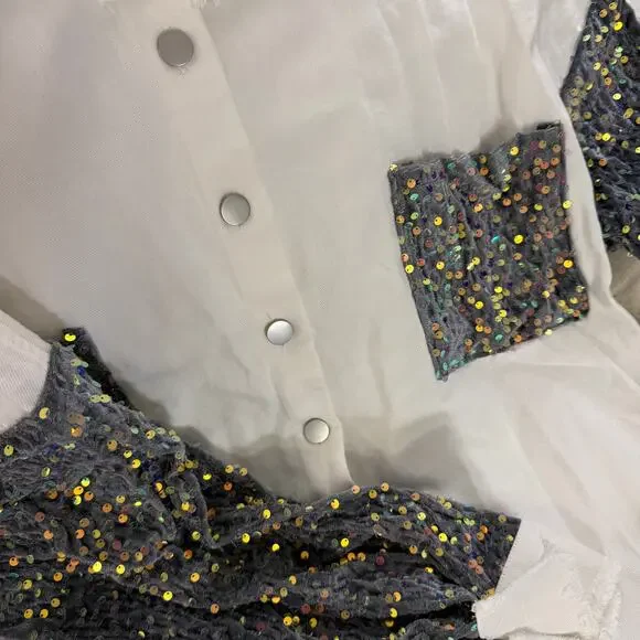 Sequin Patchwork Denim Jacket Oversized Shacket Women NEW - Picture 4 of 11